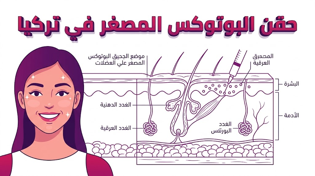 إنفوجرافيك طبي يوضح الطبقات السطحية للجلد المستهدفة أثناء حقن البوتوكس المصغر في تركيا.