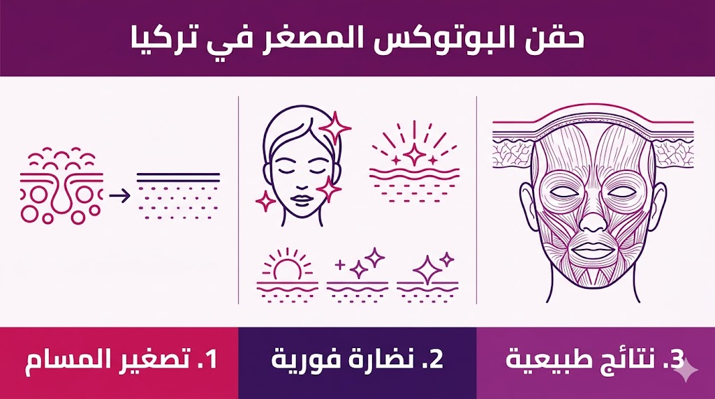 بوستر إنفوجرافيك يشرح فوائد حقن البوتوكس المصغر في تركيا مثل تصغير المسام ونضارة البشرة.