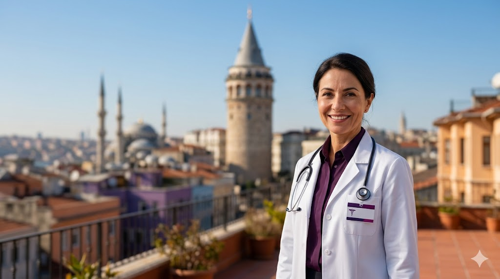 طبيب تجميل متخصص في حقن البوتوكس المصغر في تركيا يقف أمام برج غالاتا التاريخي في إسطنبول.