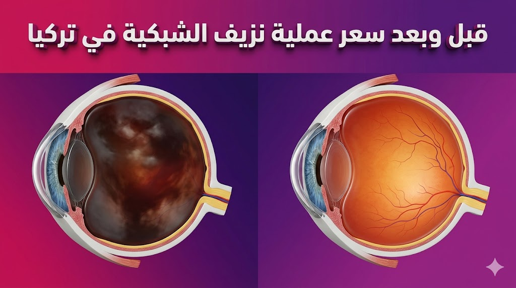 مقارنة توضيحية قبل وبعد توضح تحسن الرؤية وتصفية العين بعد دفع سعر عملية نزيف الشبكية في تركيا وإجراء الجراحة.