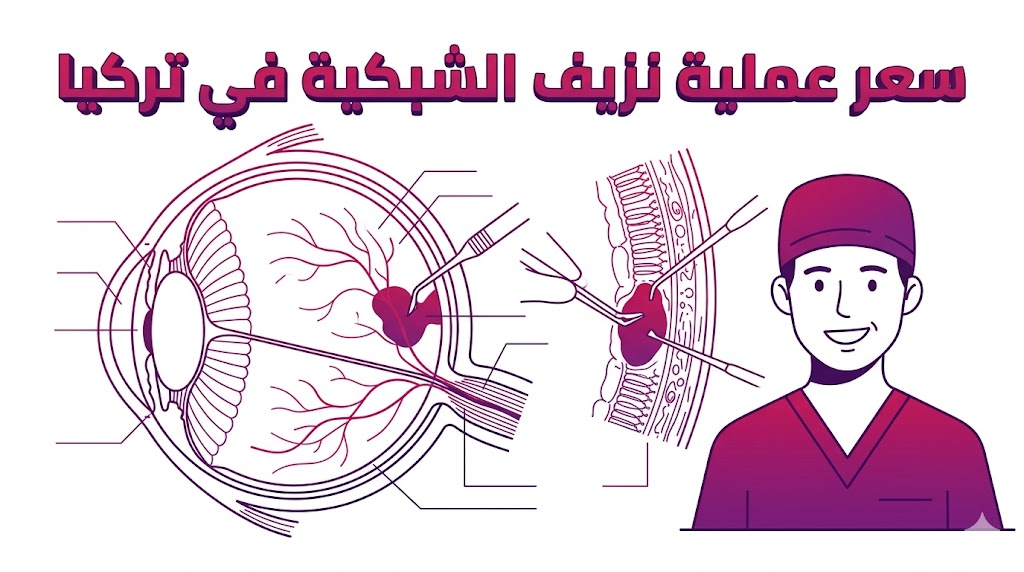 مخطط طبي تفصيلي يشرح الجوانب التقنية وسعر عملية نزيف الشبكية في تركيا مع رسم توضيحي لتشريح العين.