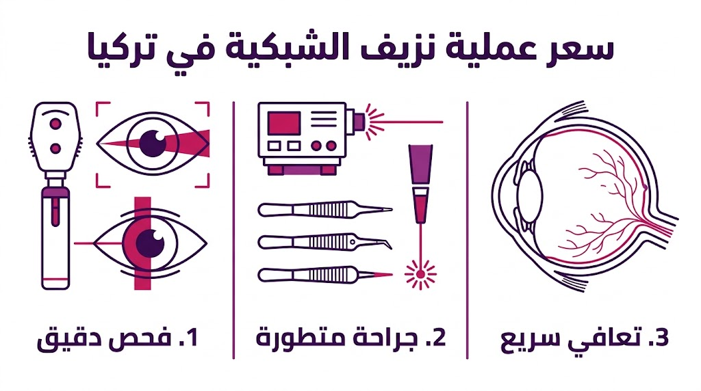  إنفوجرافيك طبي يوضح مراحل العلاج وسعر عملية نزيف الشبكية في تركيا من التشخيص إلى التعافي.