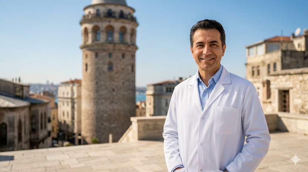  طبيب عيون متميز يقف أمام برج غالاتا في اسطنبول، يمثل الجودة والخبرة المرتبطة بتقديم أفضل سعر عملية نزيف الشبكية في تركيا.