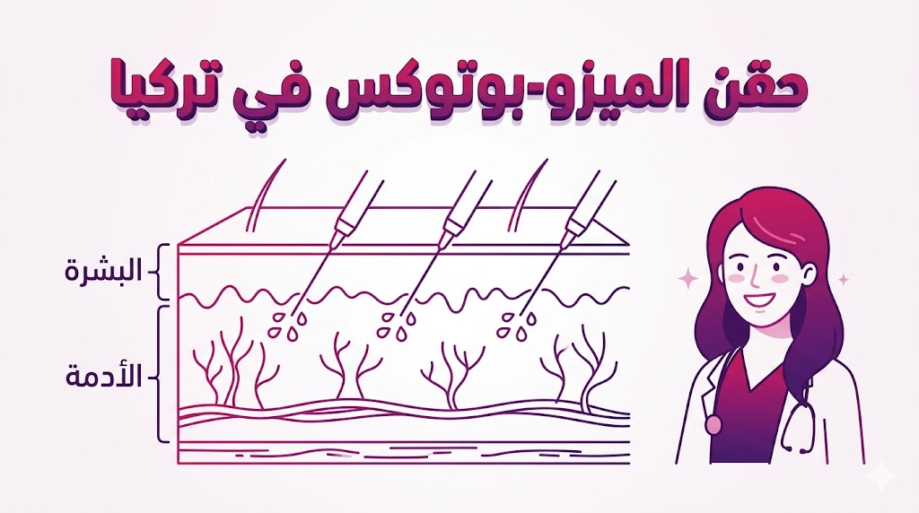 إنفوجرافيك طبي يوضح الطبقات الجلدية المستهدفة أثناء عملية حقن الميزو-بوتوكس في تركيا بشكل علمي مبسط.