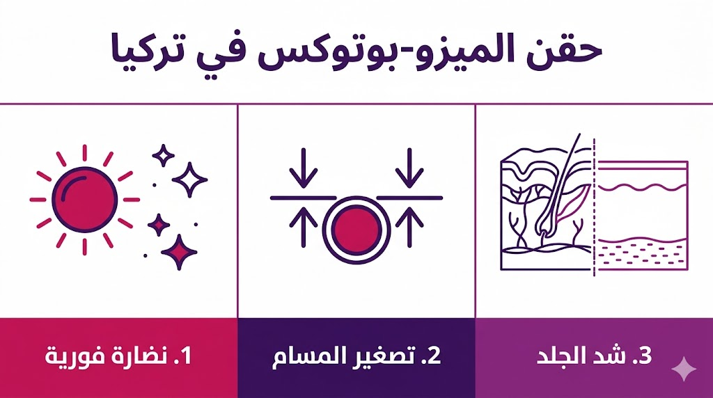 ملصق إنفوجرافيك يوضح ثلاث فوائد رئيسية لتقنية حقن الميزو-بوتوكس في تركيا وهي النضارة وتصغير المسام وشد الجلد.