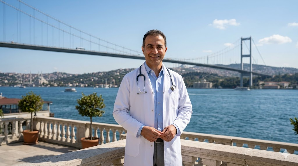 طبيب تجميل متخصص في حقن الميزو-بوتوكس في تركيا يقف أمام جسر البوسفور في إسطنبول.