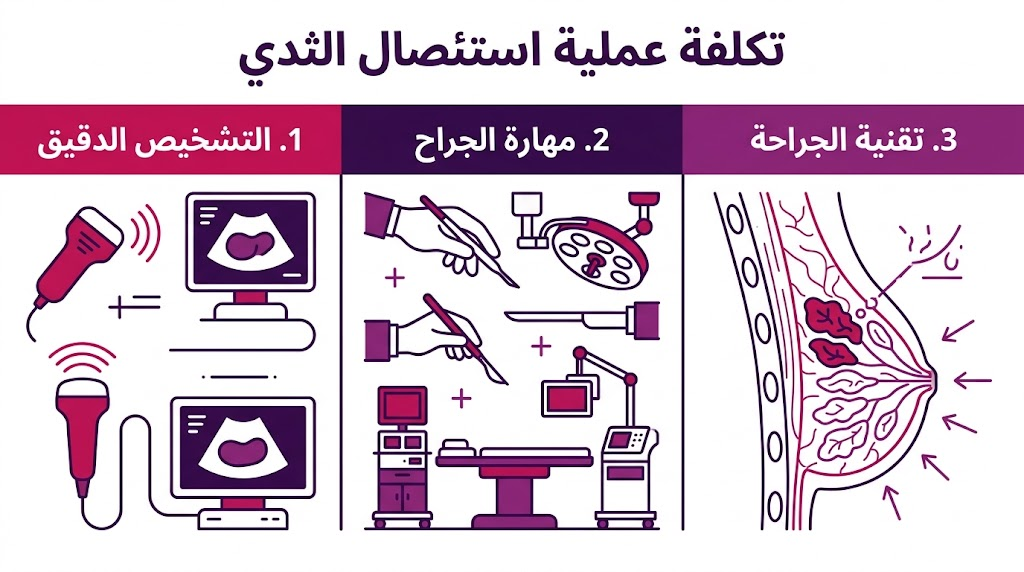  إنفوجرافيك طبي يوضح العناصر الثلاثة الأساسية التي تتحكم في تكلفة عملية استئصال الثدي.