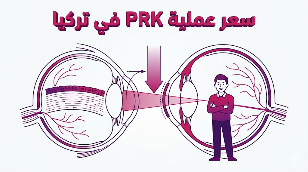  إنفوجرافيك تعليمي يوضح تشريح العين وكيفية تصحيح القرنية مع نص سعر عملية PRK في تركيا.