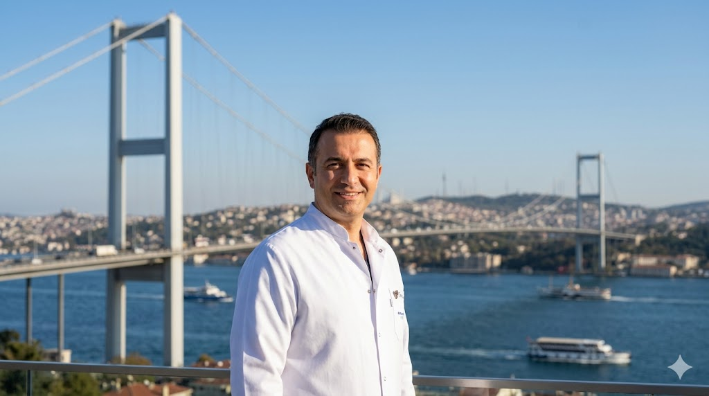  طبيب عيون متخصص يقف أمام جسر البوسفور في إسطنبول، لتمثيل وجهة السياحة العلاجية والاستفسار عن سعر عملية PRK في تركيا.