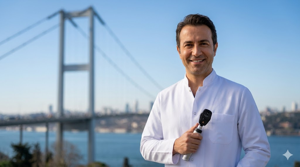  طبيب عيون متميز يقف أمام جسر البوسفور في إسطنبول لتقديم معلومات حول سعر فحص قاع العين في تركيا.