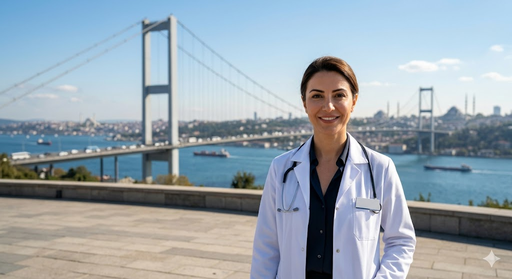 جراح متخصص يقف أمام جسر البوسفور في إسطنبول موضحاً توافر أفضل خدمات تكلفة عملية استئصال الثدي في تركيا.