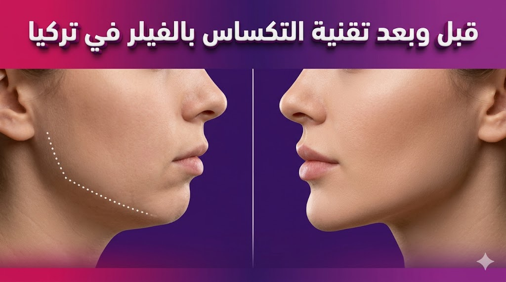 مقارنة قبل وبعد تظهر نتائج تقنية التكساس بالفيلر في تركيا لتحديد الفك بدقة.