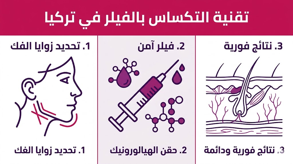 إنفوجرافيك تعليمي يستعرض مراحل وفوائد تقنية التكساس بالفيلر في تركيا.
