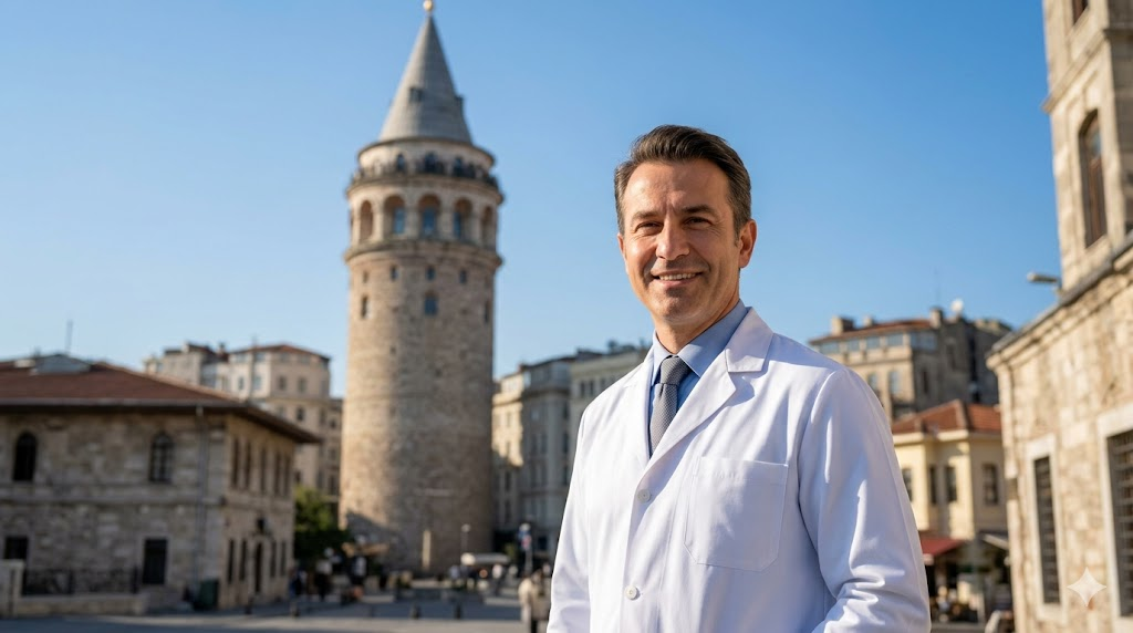 طبيب تجميل متخصص في تقنية التكساس بالفيلر في تركيا أمام برج غالاتا التاريخي في إسطنبول.