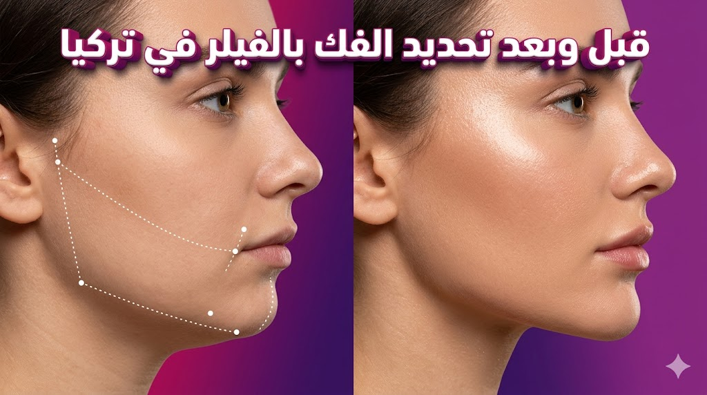 صورة "قبل وبعد" توضح نتائج تقنية تكساس لـ تحديد الفك بالفيلر في تركيا مع إبراز الفرق في تناسق الوجه.