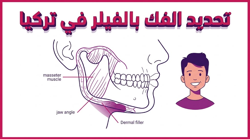مخطط تشريحي يوضح كيفية حقن المواد المالئة والطبقات المستهدفة أثناء تحديد الفك بالفيلر في تركيا.