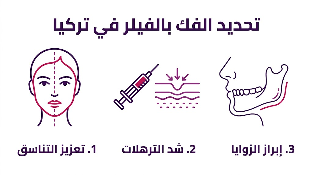 إنفوجرافيك تعليمي يبرز الفوائد الثلاث الرئيسية لعملية تحديد الفك بالفيلر في تركيا.