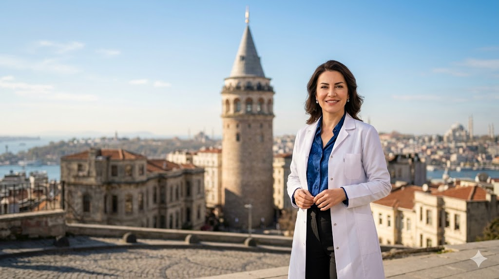 طبيب تجميل خبير أمام برج غالاتا في اسطنبول يمثل الجودة والاحترافية في تحديد الفك بالفيلر في تركيا.