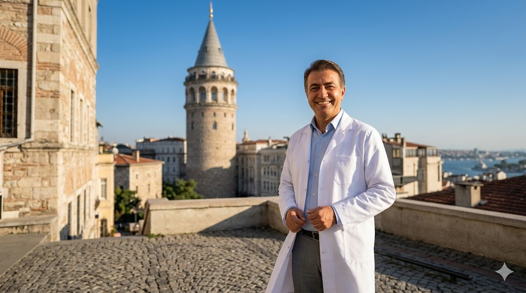 طبيب تجميل خبير أمام برج غالاتا في اسطنبول يمثل خدمات فيلر الشفايف في تركيا.