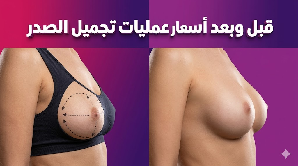 مقارنة واقعية قبل وبعد توضح نتائج أسعار عمليات تجميل الصدر مع خطوط التخطيط الجراحي والنتيجة النهائية.