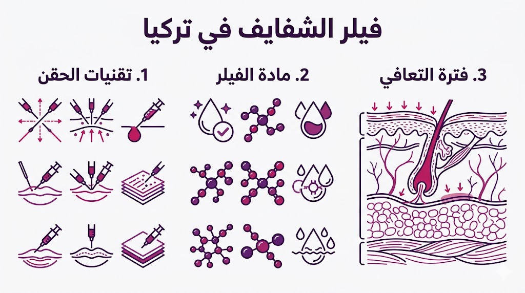 بوستر إنفوجرافيك تعليمي يتضمن أهم 3 نقاط حول فيلر الشفايف في تركيا.