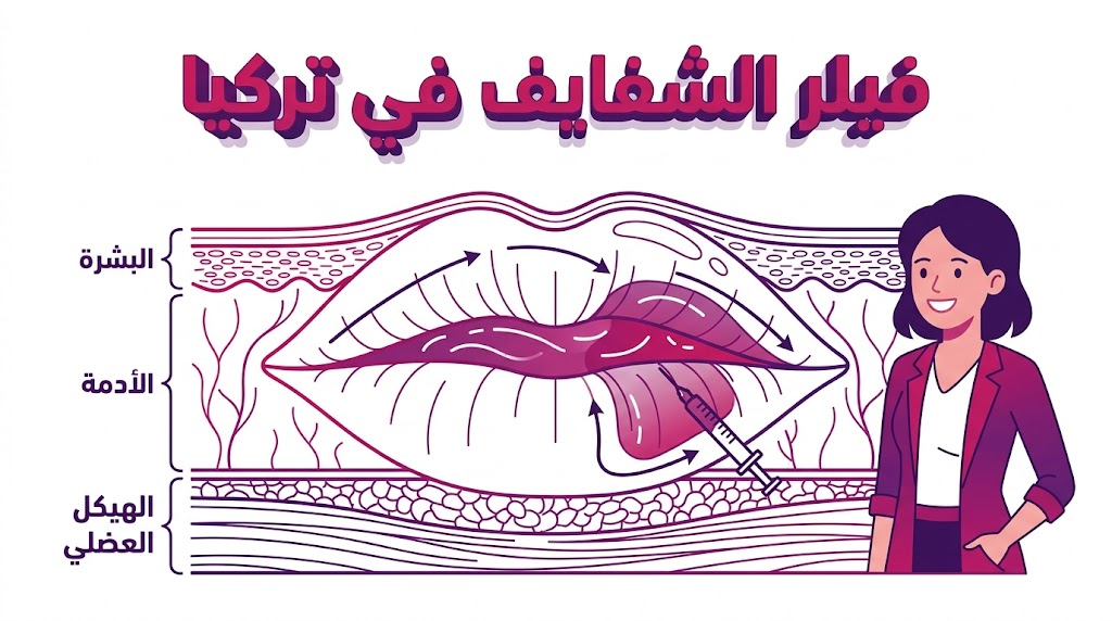  إنفوجرافيك طبي يوضح التشريح الداخلي وتوزيع المادة عند إجراء فيلر الشفايف في تركيا.