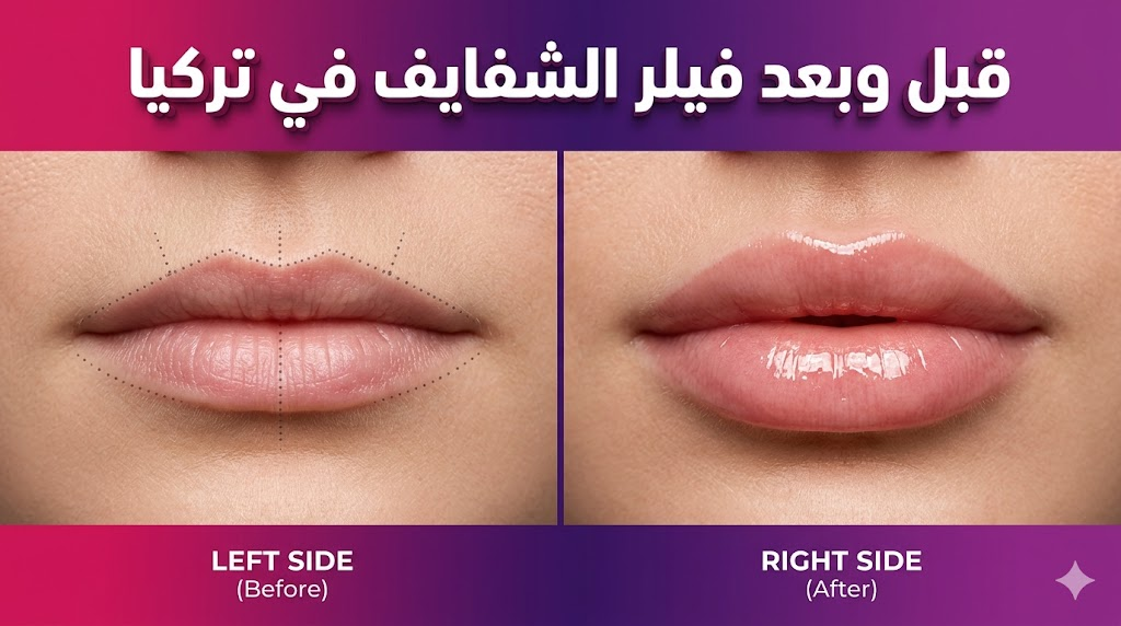 مقارنة قبل وبعد حقن فيلر الشفايف في تركيا توضح النتائج الطبيعية والجذابة للشفاه.