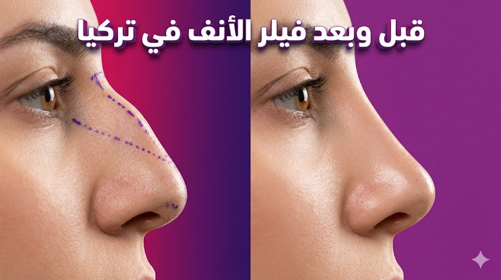 مقارنة قبل وبعد فيلر الأنف في تركيا تظهر تصحيح انحراف الجسر ورفع أرنبة الأنف بنتائج مثالية.
