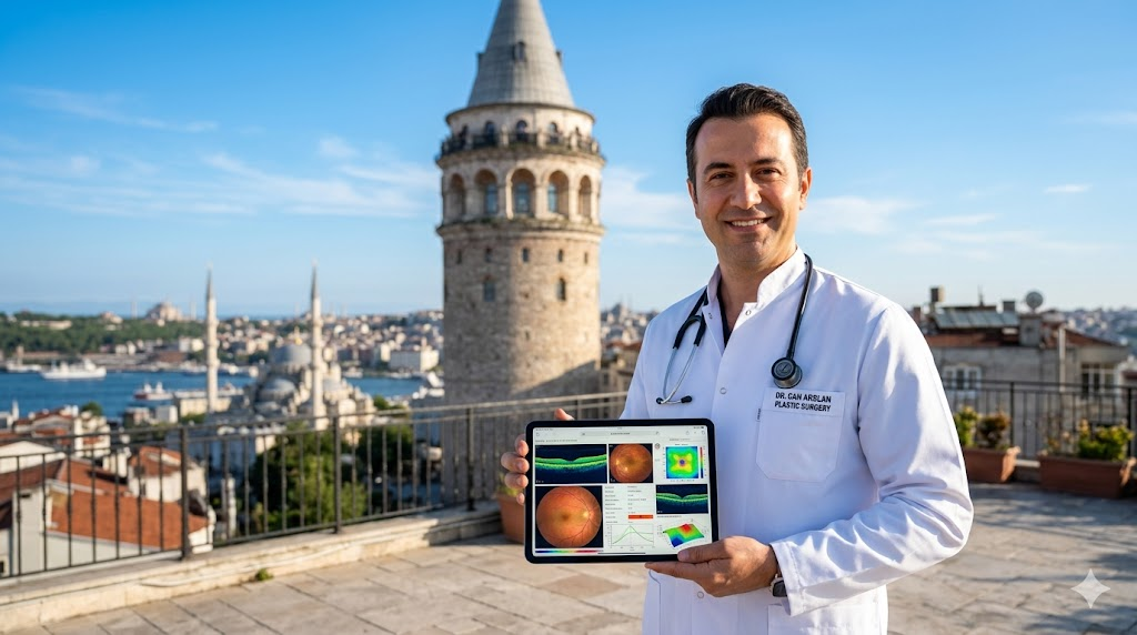  طبيب مختص في إسطنبول بالقرب من برج غالاطة يوضح توفر خدمات سعر قياس النظر بالكمبيوتر في تركيا للسياح.