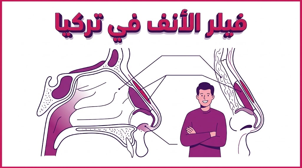 إنفوجرافيك طبي يشرح التشريح الداخلي ومواقع حقن فيلر الأنف في تركيا بأسلوب الرسم الهندسي.