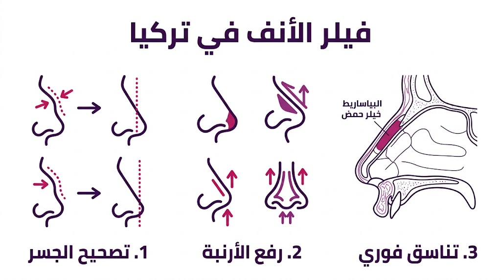 بوستر إنفوجرافيك يوضح خطوات ونتائج فيلر الأنف في تركيا من تصحيح الجسر إلى رفع الأرنبة.