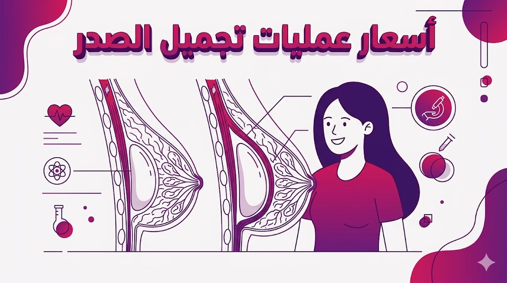 إنفوجرافيك تشريحي يوضح التقنيات الطبية المستخدمة وموقع الحشوات ضمن أسعار عمليات تجميل الصدر.