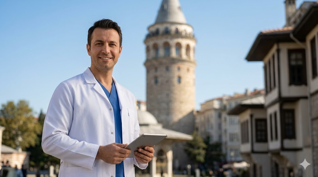 طبيب تجميل خبير يقف أمام برج غالاتا في اسطنبول للإعلان عن خدمات فيلر الأنف في تركيا.