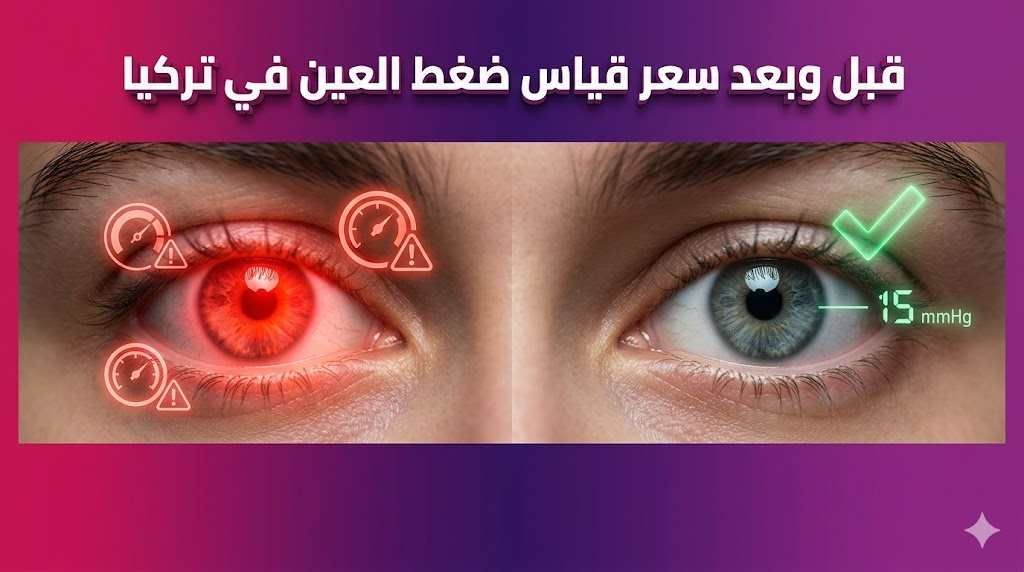 مقارنة قبل وبعد توضح تحسن حالة العين بعد معرفة سعر قياس ضغط العين في تركيا والخضوع للفحص الدوري.