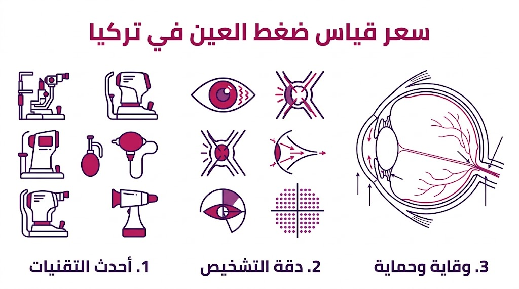ملصق إنفوجرافيك تعليمي يستعرض أهمية ودقة سعر قياس ضغط العين في تركيا مع توزيع تقني مدروس.