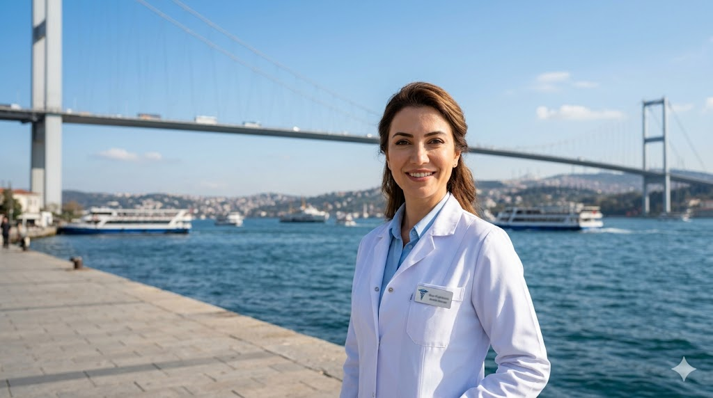 طبيب عيون متميز في إسطنبول أمام جسر البوسفور يشرح مزايا سعر قياس ضغط العين في تركيا للسياح.