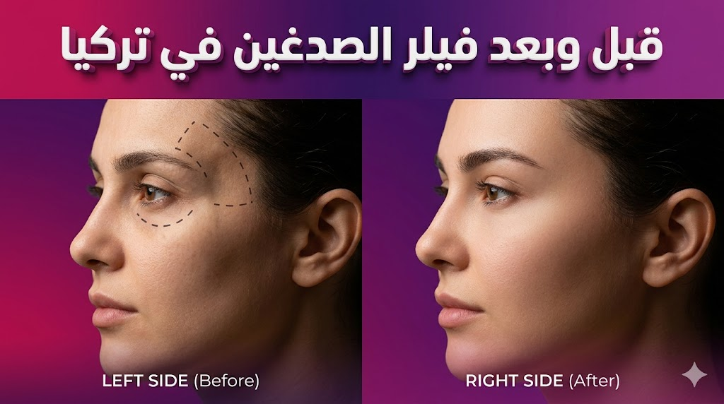 صورة مقارنة "قبل وبعد" توضح نتائج فيلر الصدغين في تركيا حيث تظهر الصدغين غائرة قبل الحقن وممتلئة ومرتوعة بشكل طبيعي بعد الحقن.