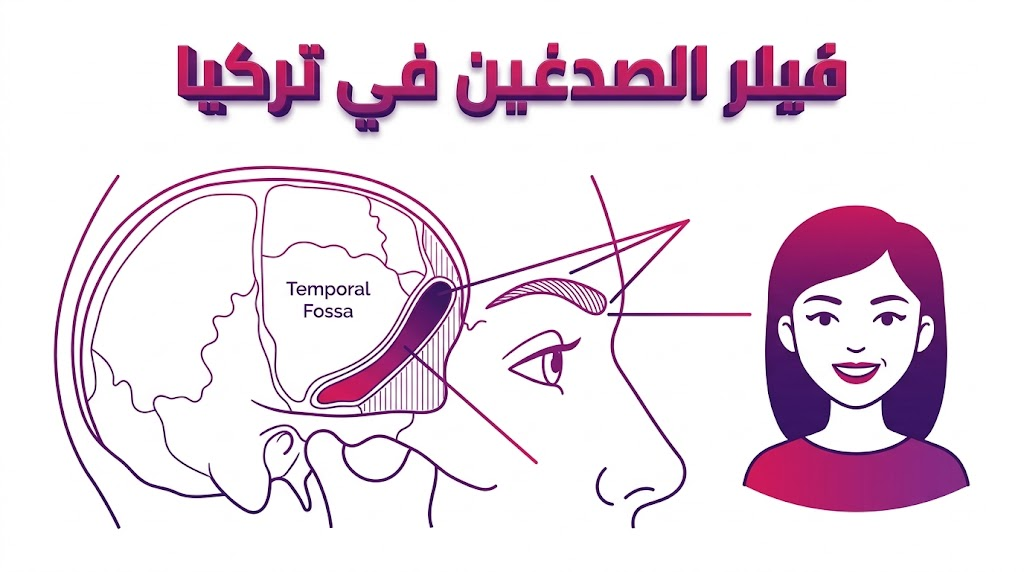 إنفوجرافيك طبي تعليمي يوضح التشريح الداخلي لمنطقة الصدغ وطريقة حقن فيلر الصدغين في تركيا لرفع الحواجب وتجديد نضارة الوجه.