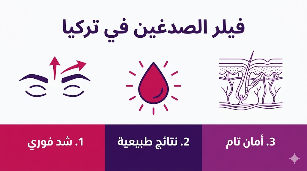 بوستر إنفوجرافيك طبي باللغة العربية يوضح مميزات فيلر الصدغين في تركيا وتشمل الشد الفوري والنتائج الطبيعية والأمان التام للحقن.