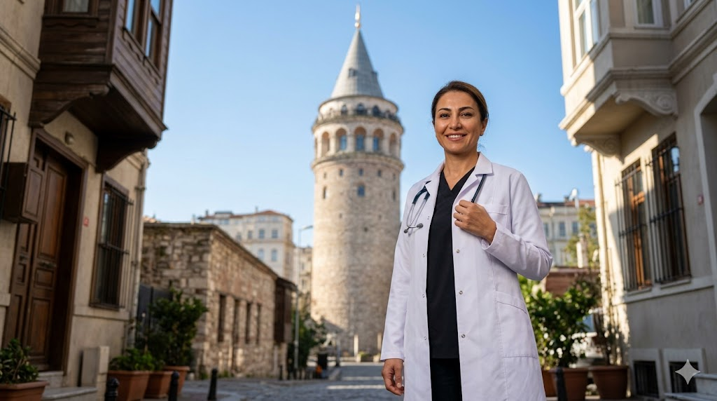 طبيب تجميل مختص في إجراء فيلر الصدغين في تركيا يقف بابتسامة واثقة أمام برج غالاتا التاريخي في اسطنبول في وضح النهار.