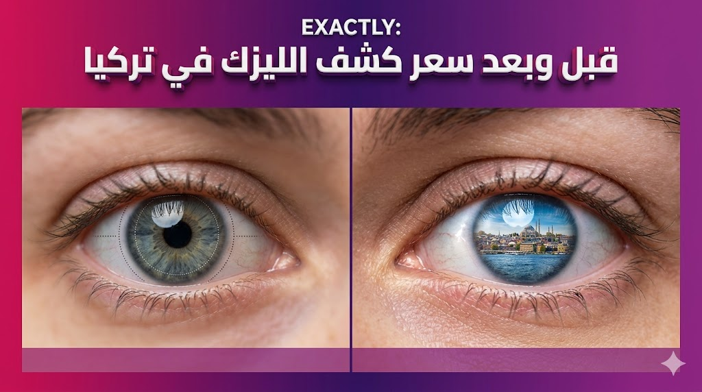 مقارنة قبل وبعد توضح نتائج تصحيح النظر مع نص يوضح سعر كشف الليزك في تركيا.