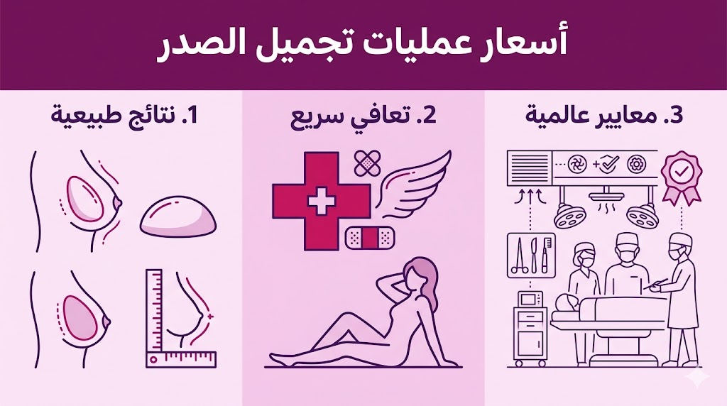 إنفوجرافيك تعليمي مقسم لثلاثة أقسام يشرح مميزات ومعايير أسعار عمليات تجميل الصدر.