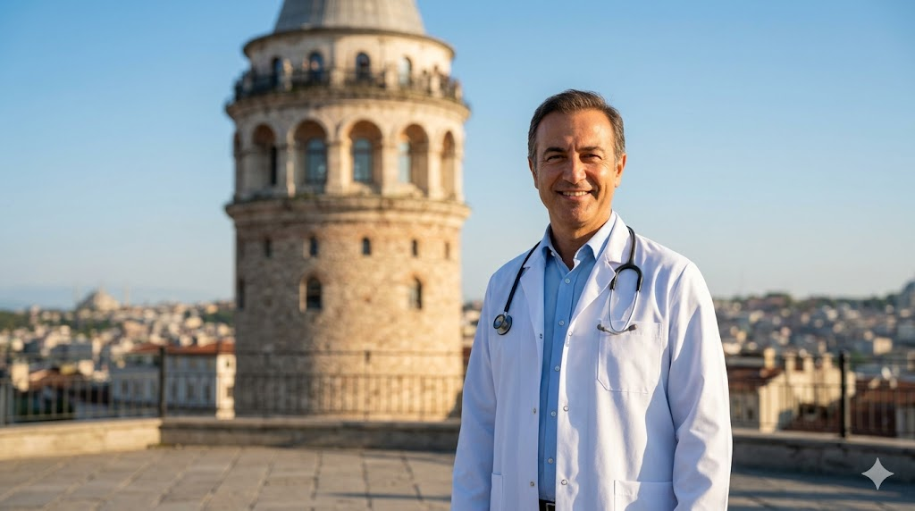طبيب عيون متميز يقف أمام برج غالاتا في اسطنبول يمثل الجودة المرتبطة بـ سعر كشف الليزك في تركيا.