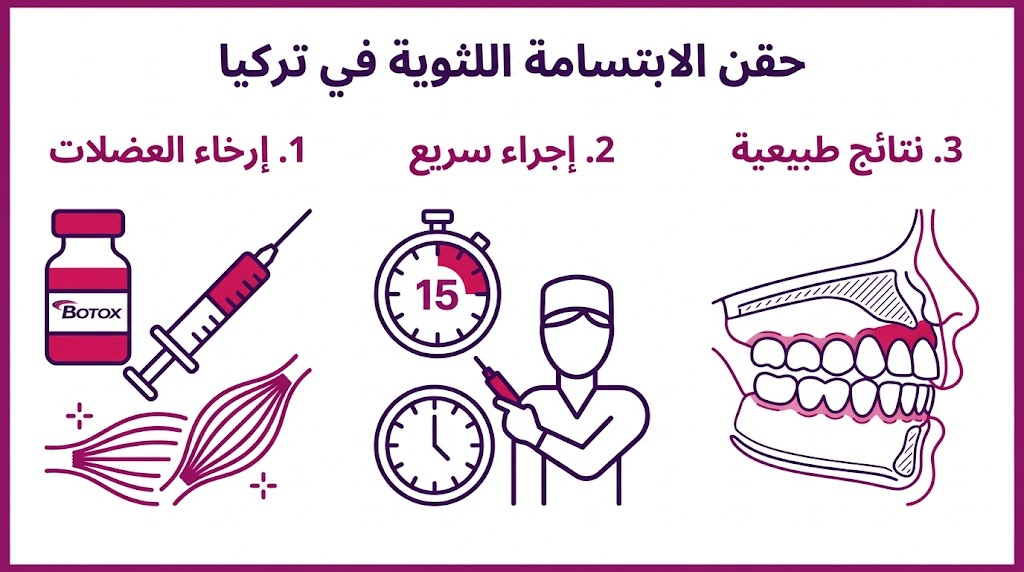 إنفوجرافيك طبي يوضح مراحل ومميزات حقن الابتسامة اللثوية في تركيا بشكل مبسط.