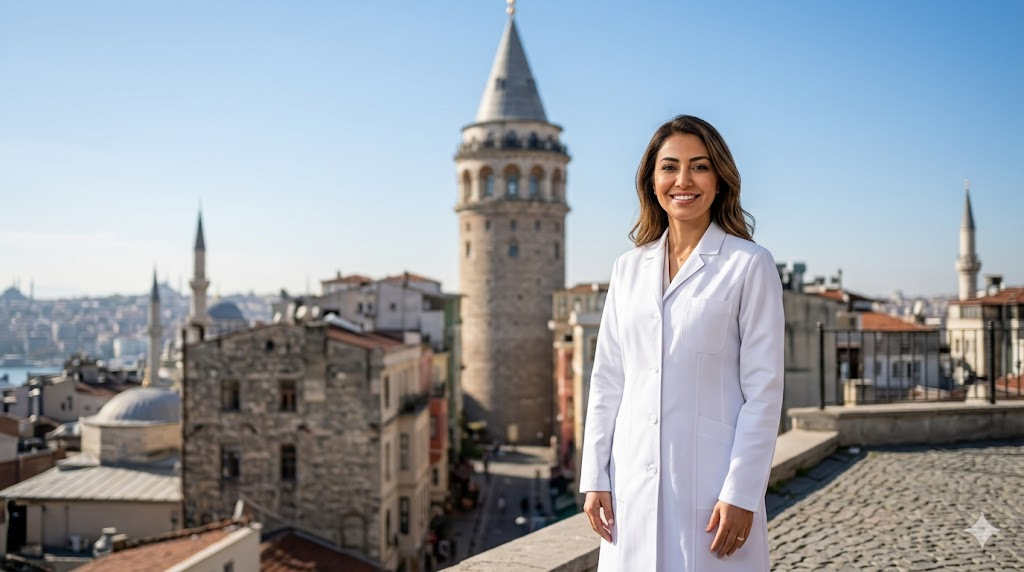 طبيب تجميل متخصص في حقن الابتسامة اللثوية في تركيا يقف أمام برج غالاطة في إسطنبول.