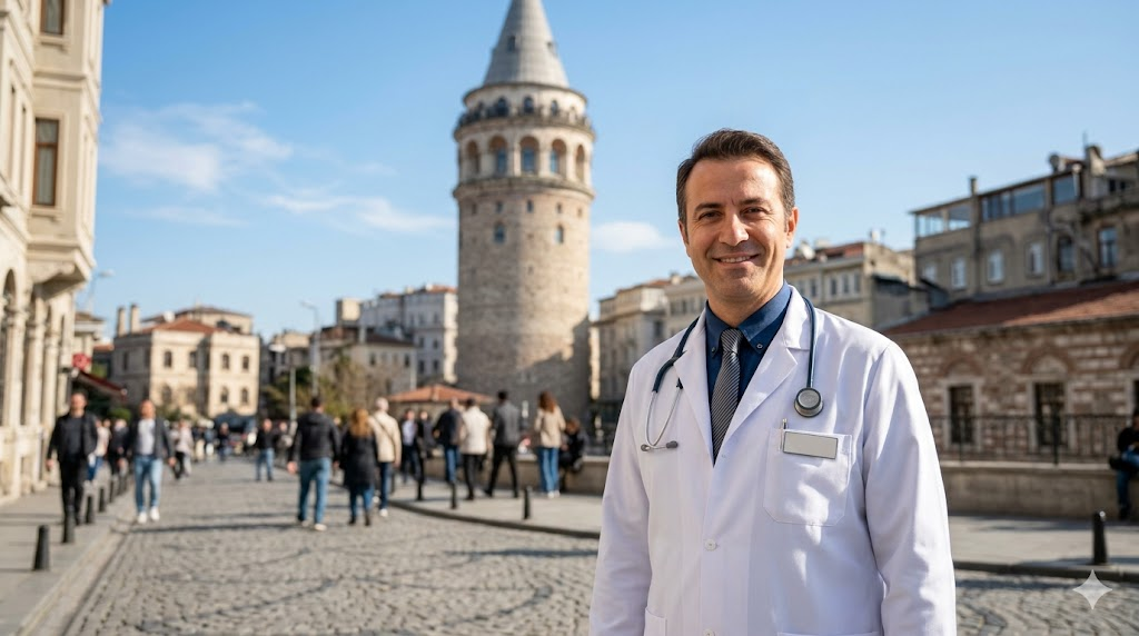 جراح تجميل أمام برج غالاتا في اسطنبول يمثل الجودة الطبية المرتبطة ببحث أسعار عمليات تجميل الصدر.