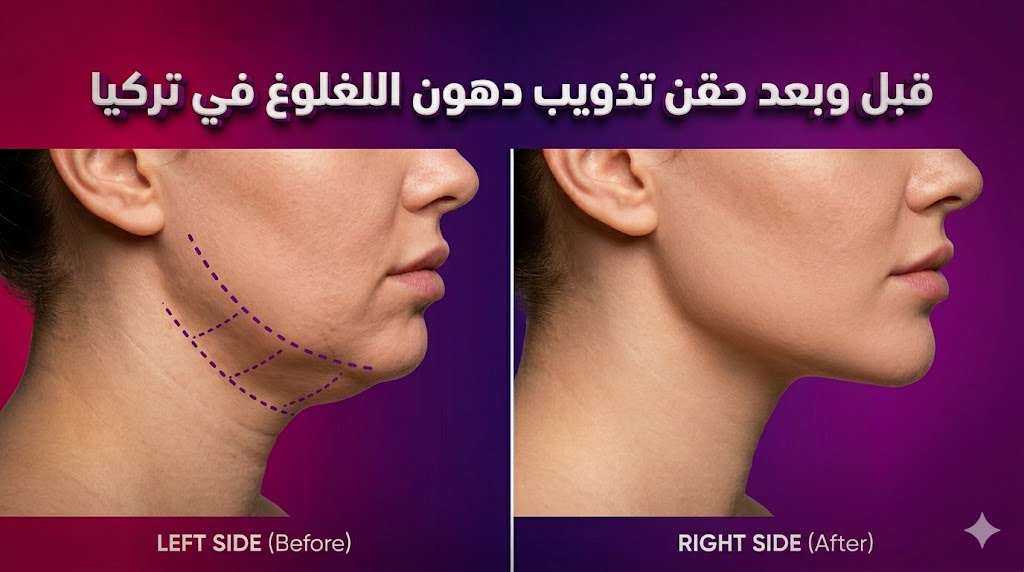 مقارنة قبل وبعد تظهر نتائج حقن تذويب دهون اللغلوغ في تركيا مع تحديد دقيق لخط الفك.
