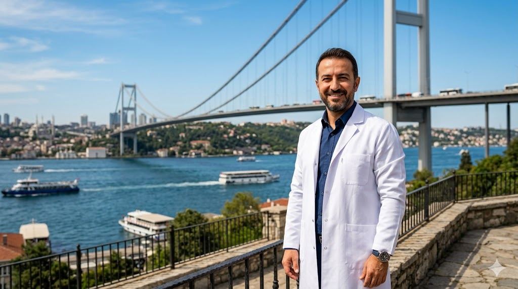 طبيب تجميل مختص في حقن تذويب دهون اللغلوغ في تركيا يقف أمام جسر البوسفور في إسطنبول.