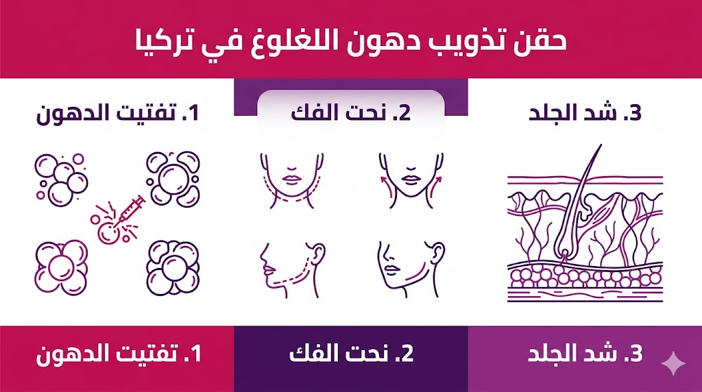  بوستر إنفوجرافيك يوضح خطوات وفوائد حقن تذويب دهون اللغلوغ في تركيا من تفتيت الدهون ونحت الفك وشد الجلد.