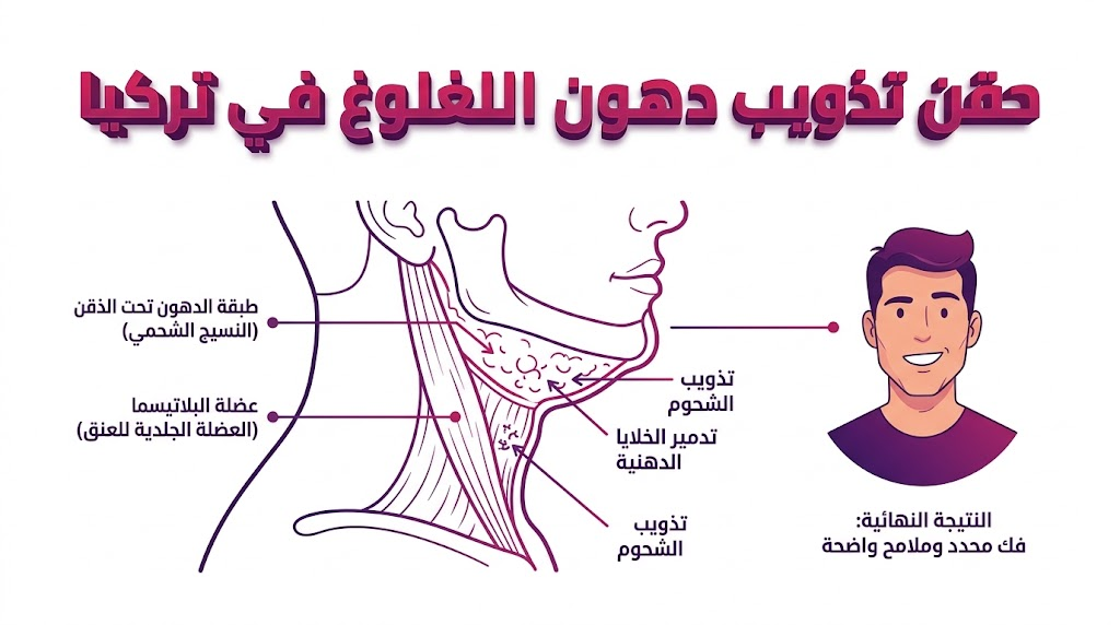 إنفوجرافيك تعليمي يشرح التشريح الداخلي وتوزيع الدهون المستهدفة أثناء حقن تذويب دهون اللغلوغ في تركيا.